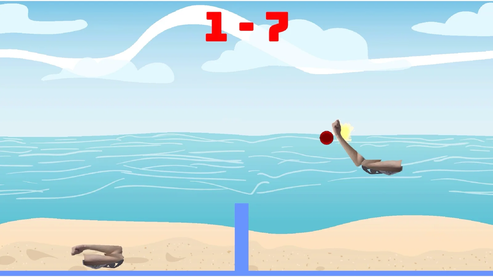 腕戦車がビーチでボールを追うゲーム画面